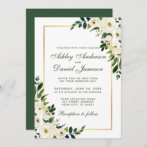 Watercolor Floral Green White Gold Wedding GSG Invitation Green White Gold Wedding, Green Gold Weddings, Rose Gold Wedding Invitations, Gold Wedding Invitation, Wedding Invitation Size, Watercolor Green, Green Wedding Invitations, Gold Watercolor, Photo Wedding Invitations