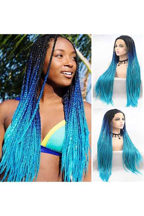 Blue Knotless, Blue And Black Braids, Blue Box Braids, Braid Wigs, Cornrow Braids, Front Braids, Wigs Glueless, Twist Braid, Box Braid Wig