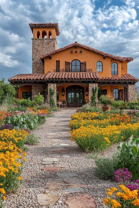 Spanish Villas Exterior Architecture, Rancho House Ranch Homes, Arizona House Exterior, Modern Adobe House Exterior, Mexican Ranch House, Arizona Farm, Mexican House Exterior, Pueblo House, No Personality