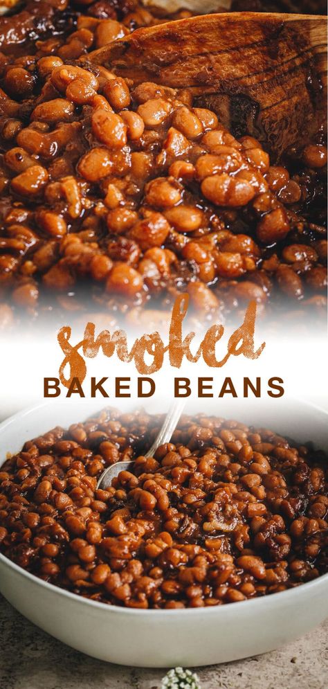 A delicious smokey flavor fills this huge pot of slow-cooked Smoked Baked Beans that are surrounded by a thick sweet and tangy bacon rich sauce. This classic recipe is perfect for pot-luck dinners and backyard barbecues. #EasyBakedBeans #SlowCookerBakedBeans #InstantPotBakedBeans Baked Beans On The Smoker, Smoked Beans In Smoker, Smoked Baked Beans In Smoker, Smoker Baked Beans, Pulled Pork Side Dishes, Smoked Beans, Smoked Baked Beans Recipe, Smoked Baked Beans, The Best Baked Beans