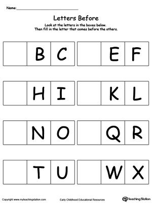 Complete The Letter Before: Teach the order of the alphabet letters with this printable activity worksheet. Worksheet For Nursery Class, The Alphabet Letters, Lkg Worksheets, Nursery Worksheets, Alphabet Letter Worksheets, Maternelle Grande Section, English Worksheets For Kindergarten, Alphabet Worksheets Kindergarten, Activity Worksheet