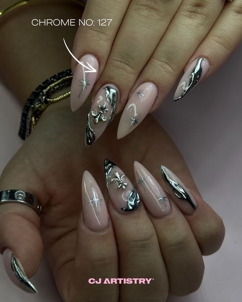 Melted chrome -———————— 💅🏼 CJ Set: Boujee nails 🎨 Colour/System: Acrylic 💎 Shape: Stiletto ⏰ Time: 2 hours 🌜 Lasts: We recommend visits every 2-3 weeks 📍 Location: Granville, NSW 💻 Bookings: Link in Bio or DM 📲 Phone: 0490239494 -———————— #cjartistry #acrylic #acrylicnails #sydneynails #nailsalon #almondnails #coffinshape #squarenails #stilettonails #almondetto #naildesigns #longnails Nails Colour, Boujee Nails, Acrylic Shapes, Square Nails, Stiletto Nails, Almond Nails, Nail Salon, Long Nails, 3 Weeks