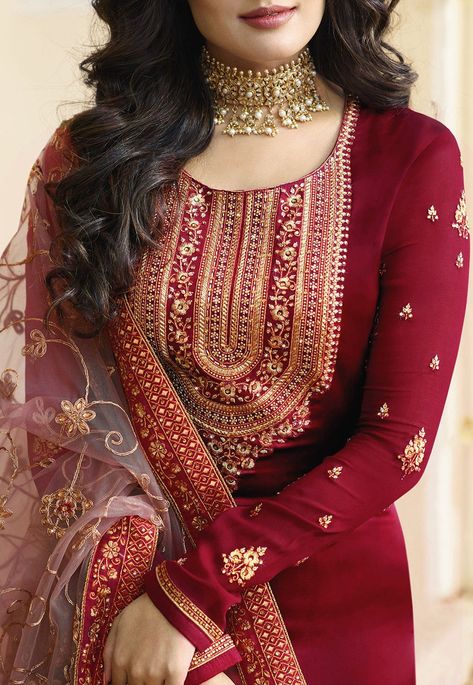 Embroidered Satin Georgette Straight Suit in Maroon : KCH3249 डिजाइनर कपड़े, Pakistani Formal Dresses, Neck Designs For Suits, Pakistani Dresses Casual, Pakistani Fashion Party Wear, Dress Neck Designs, Kurti Designs Party Wear, Pakistani Bridal Dresses, Embroidery Suits Design