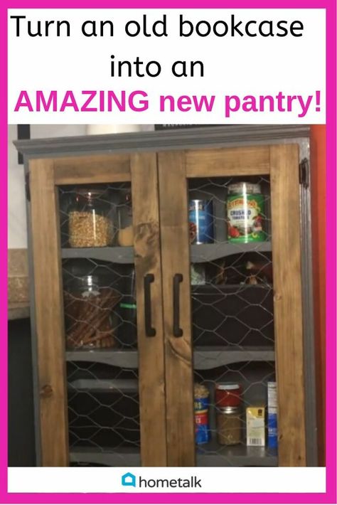 Make your dream kitchen pantry using this easy diy tutorial! #pantry #foodstorage #upcycle #repurpose #kitchen #smallspace Pantry Video, Pantry Redo, Pantry Renovation, Rustic Pantry, Old Bookshelves, Pantry Furniture, Pantry Decor, Old Bookcase, Farmhouse Pantry