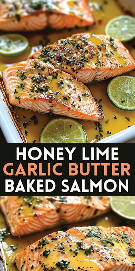 Honey Lime Garlic Butter Baked Salmon Ingredients: 4 salmon fillets (6 ounces each) Salt and pepper, to taste 4 tablespoons unsalted butter, melted 4 cloves garlic, minced 2 tablespoons honey 1 tablespoon lime juice Zest of 1 lime 2 tablespoons freshly chopped parsley, for garnish Lime wedges, for serving #salmon #easyrecipes #camilarecipes Salmon Recipes Lime, Lime Salmon Recipes, Salmon Fillet Recipes, Parsley Recipes, Baked Salmon Recipe, Lime Butter, Honey Garlic Salmon, Garlic Butter Salmon, Lime Salmon