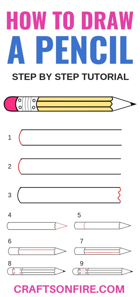 Easy step by step tutorial that will show you how to draw a cute pencil. So much fun! #drawing #drawingtutorial How To Draw A Pencil Step By Step, Drawing A Pencil, How To Draw A Pencil, Pencil Art Drawings Easy Step By Step, Easy Drawings Tutorial, Drawing Of A Pencil, Drawing Ideas For School, Accessory Reference, Pencil Drawing Tutorial