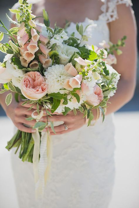 GORGEOUS Wedding Bouquet Showcasing: Peach Foxgloves, Peach "Juliet" David Austin English Garden Roses, White English Garden Roses, White Dahlias, White Lisianthus, White Stock + A Lovely Variety Of Greenery & Foliage Diy Wedding Flowers Bouquet, Peach Wedding Bouquet, Bouquet Pastel, Church Wedding Flowers, Modern Wedding Flowers, Unique Wedding Flowers, Pink Garden, Diy Wedding Flowers, Peach Wedding