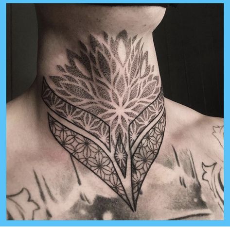 Mandala Back Neck Tattoo Men, Neck Tattoo Designs Men Drawings, Neck Tattoo For Guys Geometric, Neck Dotwork Tattoo, Male Throat Tattoo, Mandala Tattoo Men Chest, Mandala Tattoo Throat, Front Throat Tattoo, Mandala Throat Tattoo Men