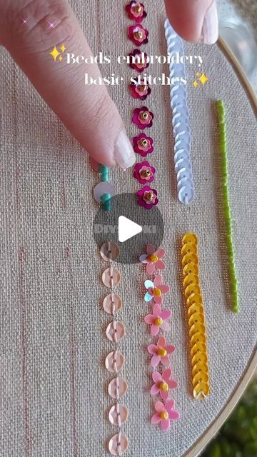 Beading Techniques On Fabric, How To Do Beaded Embroidery, How To Bead Embroidery Tutorials, Simple Bead Embroidery Designs, Bead Embroidery Ideas, How To Bead Embroidery, Beading On Fabric, Embroidery Basic Stitches, Basic Embroidery