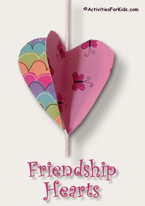 BFF can share their talent and personality by creating these 3-D Friendship Hearts. Each child selects a design for their heart and cuts out a heart for each friend. Directions and printable heart template at Activities for Kids. Friendship Crafts For Teens, Friendship Arts And Crafts, Friendship Crafts For Kids, Planning 2023, Friendship Crafts, Printable Heart Template, Friendship Heart, Art Friendship, Personalized Crafts