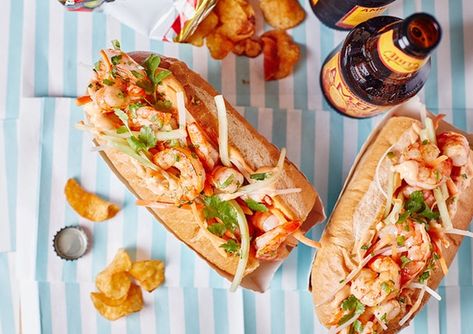 Recipe: <em>Vietnamese-Style Shrimp Po' Boy</em> Shrimp Po Boy Recipe, Vietnamese Style, Shrimp Po Boy, Boys Food, Frozen Shrimp, Easy Cross, Burgers Sandwiches, Banh Mi, Vietnamese Recipes