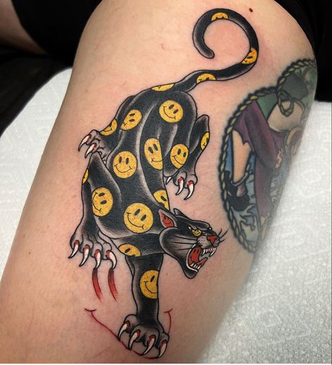 Panther Tattoo, Smiley Faces, Leg Tattoo, Girls with Tattoos, Happy Panther, Traditional Smiley Face Tattoo, Neo Traditional Panther Tattoo, Panther Face Tattoo, Big Traditional Tattoo, Panther Traditional Tattoo, Traditional Tattoo Panther, Panther Tattoo Traditional, Smiley Tattoo, Traditional Panther Tattoo