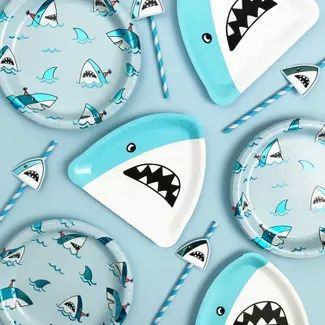 Shop for shark party online at Target. Free shipping on orders of $35+ and save 5% every day with your Target RedCard. Shark Themed Food, Shark Banner, Shark Birthday Party Invitation, Octopus Ocean, Shark Party Decorations, Shark Themed Party, Shark Birthday Invitations, Shark Themed Birthday Party, Ocean Pool