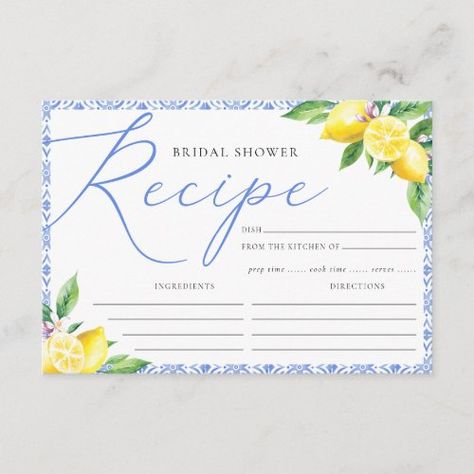 $2.27 | Lemon Italian Positano Blue Bridal Shower Recipe | Bridal Shower Invitations | bridal shower recipe, recipe for the bride, lemon, italian, positano, blue tile, moroccan, meditteranean, elegant, recipe Amalfi Bridal Shower Theme, Positano Bridal Shower Theme, Italian Lemon Bridal Shower Theme, Italian Bridal Shower Ideas, Amalfi Coast Bridal Shower Theme, Italian Themed Bridal Shower Ideas, Lemon Themed Bridal Shower Ideas, Lemon Bridal Shower Theme, Bridal Shower Lemon