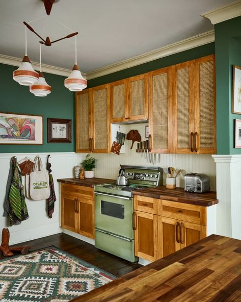 Earth Tone Kitchen, 1900s Kitchen, Cozy Craftsman, Earth Tones Kitchen, Walnut Butcher Block Countertops, Turquoise Cabinets, 1920s Kitchen, Kitchen Cozy, Kitchen Goals