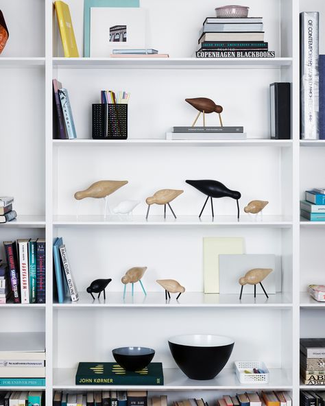 Arrange the Shorebirds in a flock and combine different colors. The elegant bird will look right at home in almost any decor and makes for a great hostess gift too. #normanncopenhagen Norman Copenhagen, Copenhagen Furniture, Bookshelf Ideas, Design Rules, Shorebirds, Normann Copenhagen, Wooden Bird, Book Case, Shelf Styling