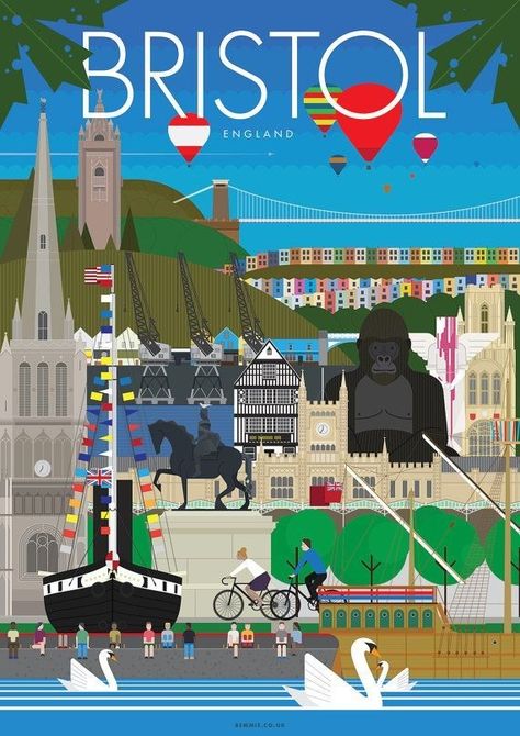 Bristol Poster, Illustrated Poster, Bristol England, Into The West, Tourism Poster, Railway Posters, Bristol Uk, Suspension Bridge, Hot Air Balloons