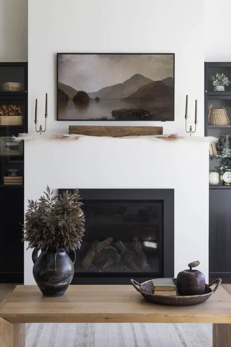 fireplace with floating shelf Fireplace Surround Ideas, European Fall, Ikea Billy Bookcase, Modern European, Fireplace Surround, Fall Mantel, Easy Fall, Cozy Nook, Fall Ideas