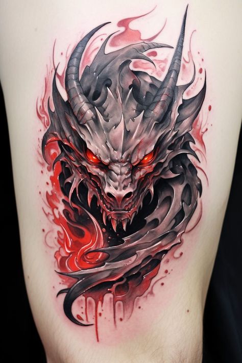 Dragon Tattoo Realistic, Jormungandr Tattoo, Flying Phoenix Tattoo, Ink Tattoo Design, Dragon Tattoo Arm, Dragon Head Tattoo, Tattoo Colour, Red Tattoo Ideas, Joker Tattoo Design