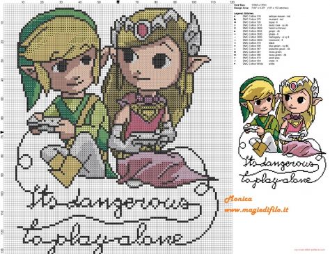 Its dangerous to play alone - Link and Zelda pattern by Monica Legend Of Zelda Cross Stitch, Zelda Cross Stitch, Zelda Pattern, Link And Zelda, Stitch Games, Geeky Cross Stitch, Geek Cross Stitch, Beaded Cross Stitch, Perler Patterns