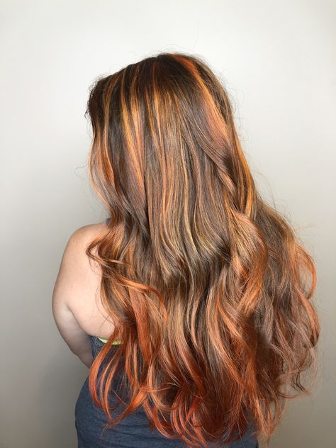 Orange Hair With Black Highlights, Light Brown Hair With Orange Highlights, Orange Hair With Brown Highlights, Orange Chunky Highlights, Ginger Hair With Black Highlights, Brown Hair Orange Highlights, Brown Hair With Orange Highlights, Pumpkin Highlights, Aesthetic Hairstyle Ideas