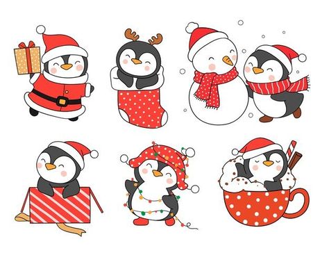 Xmas Drawing, Happy Christmas Card, Vector Illustration Character, Draw Vector, Penguin Drawing, Penguins Funny, Penguin Art, Christmas Card Art, Vector Christmas