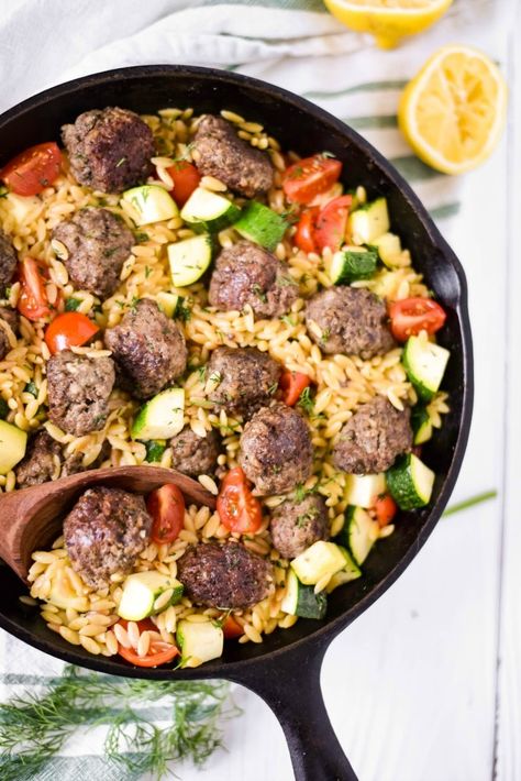 Meatball Skillet, Orzo Skillet, Greek Meatballs, Lemon Orzo, Wooden Ladle, Spiced Beef, Iron Skillet Recipes, Orzo Recipes, Greek Seasoning