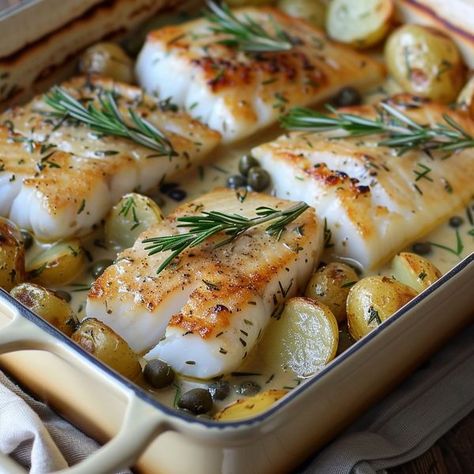 cookefast Rosemary Fish Recipe, Cod Potatoes, Rosemary Cream Sauce, Cod Dishes, Potato Sauce, Cod Fillets, Pescetarian Recipes, Recipes Fish, Rosemary Potatoes