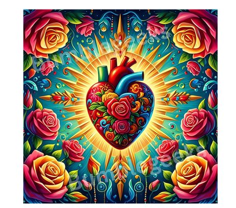 Sacred Heart Aesthetic, Sacred Heart Painting, Mexican Heart, Sacred Heart Tattoo Color, Mexican Heart Painting, Sacred Heart Frida Kahlo, Sacred Heart Painting Mexican, Sacred Heart Art, Mexican Milagros Sacred Heart