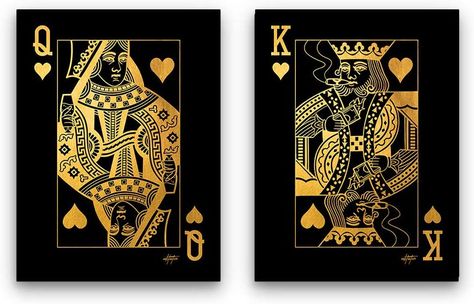 Inktuitive 'Royalty’ Gold Inspirational Wall Art w/Frame | Playing Cards Canvas Print | Couples Motivational Décor for Bedroom, Living Room & Business Office | 40 x 30 Inches (2 Piece Set) Card Room, Home Decor For Bedroom, Heart Picture Frame, Cards Wall Art, King Card, Motivational Decor, Queen Poster, Queen And King, King Of Hearts