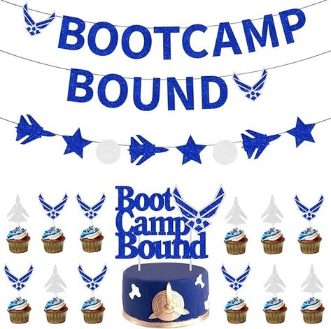 Amazon.com: Air Force Decorations, Air Force Bootcamp Bound Party Decorations Glitter Bootcamp Bound Banner, Boot Camp Bound Cake Topper, Air Force Cupcake Topper for Military Retirement Theme Farewell Party : Toys & Games Air Force Decorations Parties, Air Force Farewell Party Ideas, Airforce Party Ideas, Air Force Decorations, Airforce Party, Navy Party Themes, Air Force Boot Camp, Military Send Off Party Ideas, Air Force Party