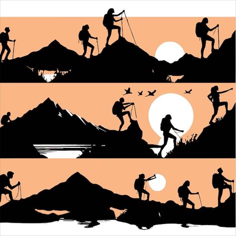 Silhouettes of people hiking in the moun... | Premium Vector #Freepik #vector #clipart #trekking #mountaineering #clip-art Trekking Illustration, Hike Illustration, Hiking Images, Hiking Illustration, People Hiking, Silhouettes Of People, Hiking Inspiration, Inktober 2024, Silhouette People