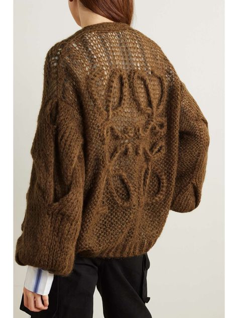 LOEWE Oversized mohair-blend cardigan | NET-A-PORTER Loewe Knitwear, Loewe Cardigan, Cashmere Hat, Woven Sweater, Crochet Winter, Mohair Cardigan, 50 Years Ago, Knit Sleeve, Brown Sweater