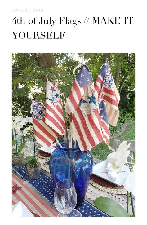 Easy make your own 4th of July flags! Brunch Tablescape, Flag Diy, Fourth Of July Decor, July Decor, Patriotic Crafts, 4th Of July Decorations, Happy Memorial Day, Patriotic Holidays, July Crafts