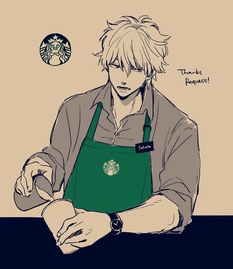 Anime Barista, Kagura And Okita, Starbucks Art, Gintama Wallpaper, Planet Drawing, Gintoki Sakata, Sakata Gintoki, Animated Man, Anime Boy Sketch