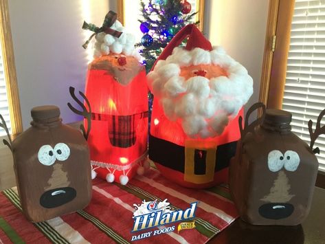 Learn How To Create Santa, Mrs. Claus and Reindeer With Milk Jugs! – Hiland Dairy Milk Jugs Christmas, Milk Jug Crafts, Recycle Craft, Light Bulb Crafts, Halloween Potion Bottles, Red Crafts, Plastic Jugs, Spider Crafts, Awesome Crafts