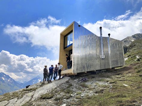 The On Mountain Hut Goes off the Grid with an Alpine Architectural Getaway - Design Milk Modern Mountain Cabin, Metal Window Frames, Mountain Hut, Snow Cabin, Eco Cabin, Going Off The Grid, Metal Facade, Mountain Huts, Micro House