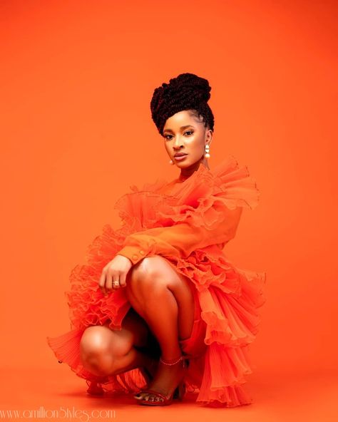 Monochromatic Photoshoot, Orange Monochromatic, Monochrome Photoshoot, Adesua Etomi, Rush Movie, Orange Monochrome, 16 Outfits, Colorful Photoshoot, Sweet 16 Outfits