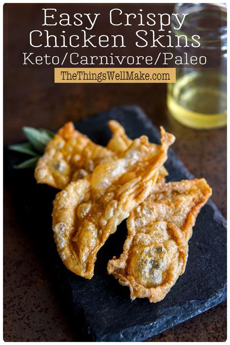 Learn how to make perfectly crispy chicken skins in the air fryer or oven! This quick and easy recipe makes a no-carb, crunchy, irresistible treat. Perfect for the Paleo Diet, carnivore or keto diets! Carnivore Air Fryer Recipes, Carnivore Diet Chicken Recipes, Chicken Skins, Diet Carnivore, Caveman Diet Recipes, Chicken Crisps, Fitness Foods, Carnivore Recipes, Caveman Diet