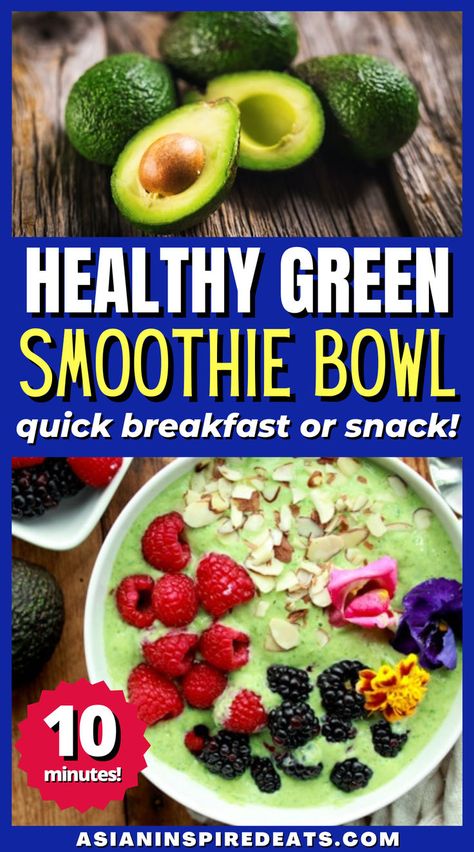 a bowl of green smoothie mix topped with almond slivers and fresh fruit and edible flowers Low Calorie Smoothie Bowl, Yogurt Smoothie Bowl, Avocado Smoothie Bowl, Green Smoothie Bowl Recipe, Pandan Leaf, Super Green Smoothie, Low Calorie Smoothies, Superfood Breakfast, Green Smoothie Bowl