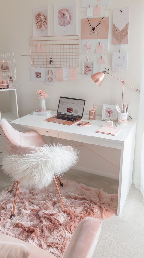 Chic Home Office Girly Home Office Ideas Chic, Pink Desk Inspo Aesthetic, Girly Work From Home Desk Setup, Pink Home Office Aesthetic, Home Furnishings Ideas, Girly Workspace, Home Office Girly, Cheer Bedroom, Cute Office Ideas