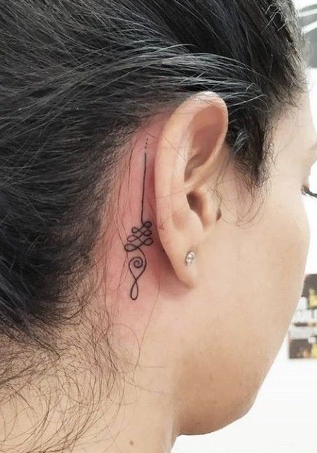 Minimal Behind The Ear Tattoo, Unalome Ear Tattoo, Unalome Tattoo Behind Ear, Unalome Meaning, Cheetah Print Tattoos, Tattoo Ear, Ear Images, Mama Tattoo, Behind Ear Tattoos