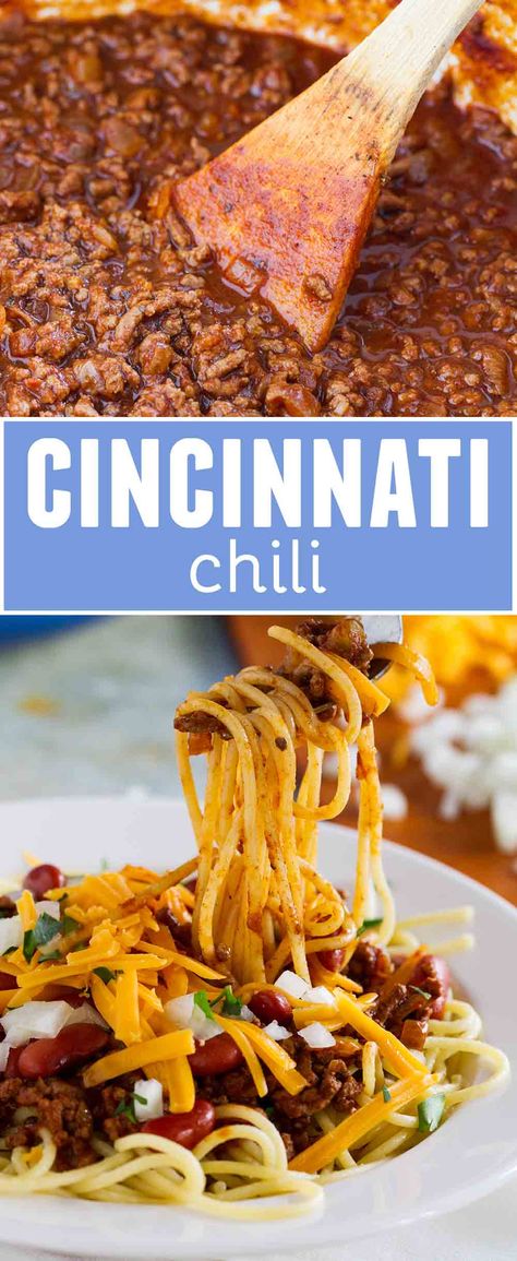 Beef chili is served over spaghetti and topped with beans, cheese and onion in this traditional Cincinnati Chili Recipe. Chili Spaghetti Recipe, Cincinnati Chili Recipe, Chili Spaghetti, Scotch Broth, Skyline Chili, Cincinnati Chili, Red Dishes, Chili Cook Off, Beef Chili