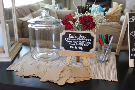 Date Night Suggestion Jar for the bride and groom. Wedding Advice Jar, Bridal Shower Date Night Jar, Advice Jar, Wedding Shower Activities, Ariel Wedding, Night Jar, Date Night Jar, Bridal Shower Advice, Purple Bridal Shower