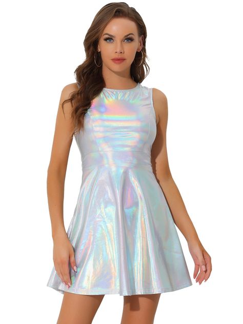 Holographic Dress, Sparkly Mini Dress, Shiny Dresses, Dress Silver, Hem Design, Flare Mini Dress, Mini Sweater Dress, Metallic Dress, Silver Dress