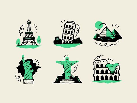 Travel and world monuments icons by Ramy Wafaa on Dribbble Explorer Illustration Character, Graphic Studio Logo, Traveller Illustration, British Logo, Graphic Design Icons, Travel Graphic Design, Clothes Icon, Logo Voyage, World Monuments