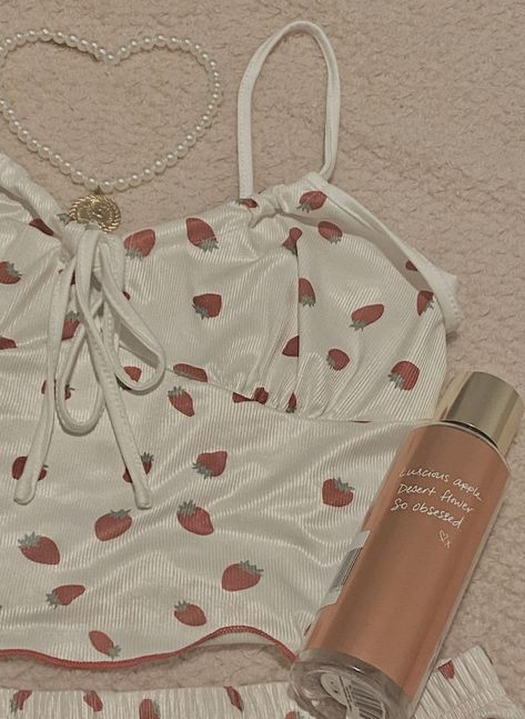 Strawberry Pajamas Aesthetic, Coquette Cami Sleepwear For Summer, Cheap Coquette Summer Sleepwear, Pink Coquette Pajamas, Coquette Pink Sleepwear For Summer, Strawberry Pajamas, Aesthetic Pajamas, Cute Pyjama, Summer Sleeveless Coquette Sleepwear