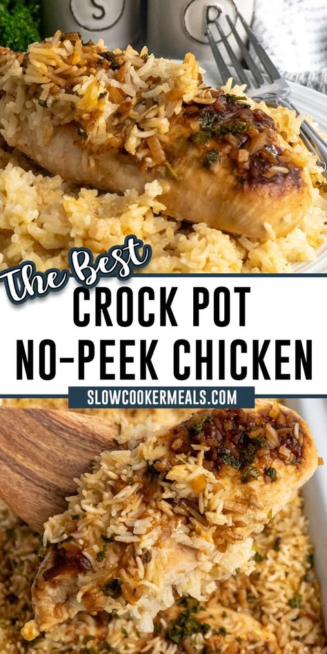 No-peek chicken over rice on a plate. Crockpot Chicken Tenderloins, Crock Pot Chicken And Rice, Chicken And Rice Crockpot, No Peek, No Peek Chicken, Crockpot Chicken Thighs, Chicken Breast Crockpot Recipes, Chicken And Rice Recipe, Crockpot Chicken Breast