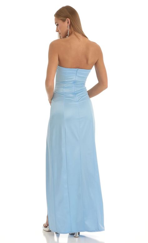 Nicholya Satin Pleated Strapless Maxi Dress in Baby Blue | Lucy in the Sky Baby Blue Prom Dress Long, Dresses For Broad Shoulders, Baby Blue Maxi Dress, Baby Blue Prom Dresses, Prom Dresses Long Blue, Stretch Satin Fabric, Baby Blue Dresses, Senior Prom Dresses, Blue Dress Formal