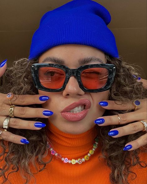 colorful, cobalt, nails, sunglasses, cobalt blue Royal Blue Color Combinations Outfits, Blue Orange Outfit, Blue And Orange Outfit, Blue Tank Top Outfit, Cobalt Blue Outfit, Colorful Pearl Necklace, Sagittarius Rising, Johnny Walker, Neon Demon